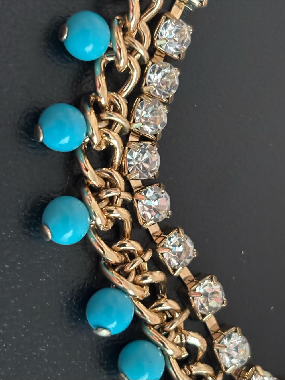 Gold Chain Bracelet with Turquoise Beads and Clear Crystals